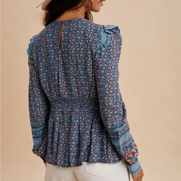 Floral Print Boho Blouse Blue - Picture 4 of 6
